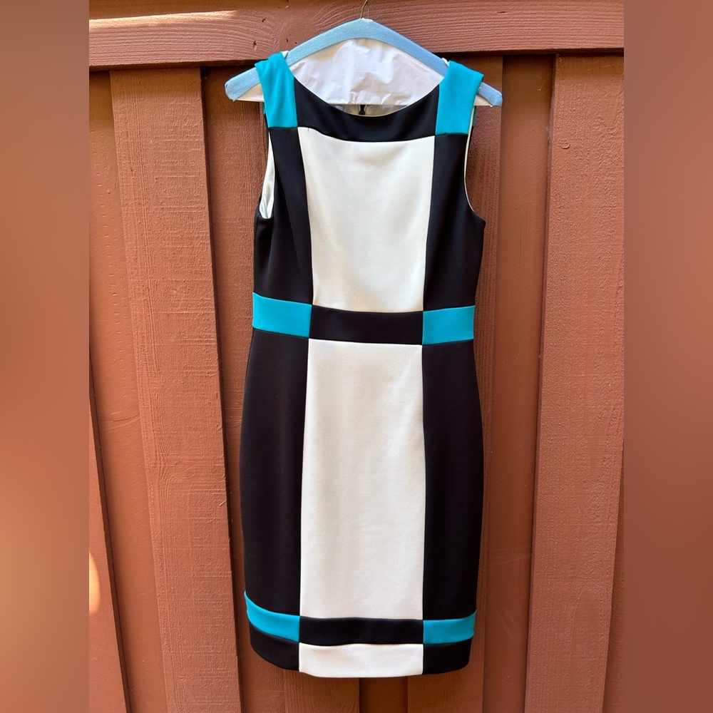 Maggy London Black, Cream, and Blue Midi Dress